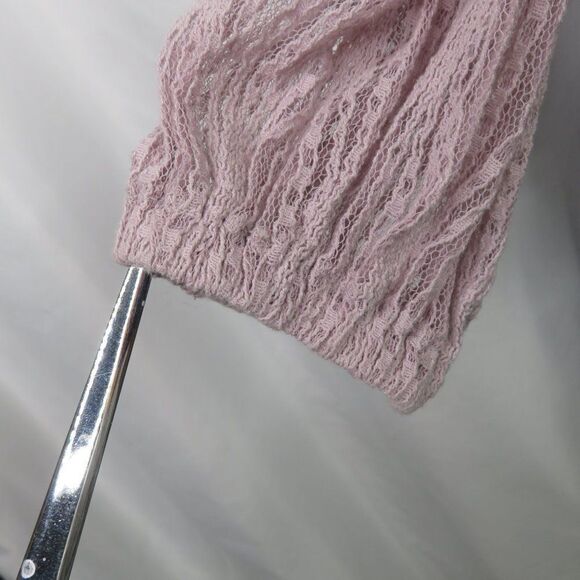 Free People Pink Lace Top Size Medium Peasant Crop Ribbon Tie Sheer Empire LS - Picture 4 of 13